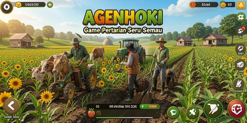 Tangkapan layar gameplay AGENHOKI menampilkan kebun yang indah dan beragam tanaman.