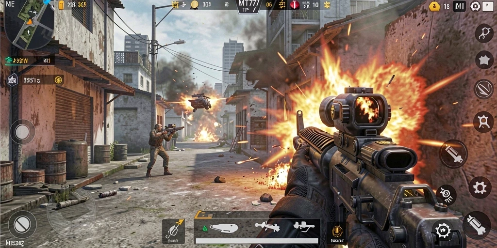 Tampilan gameplay seru dalam MT777 yang menunjukkan aksi tembak-menembak