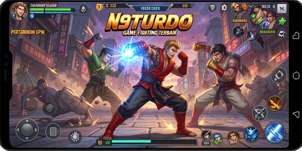 Tangkapan layar utama N9TURBO menampilkan aksi pertarungan yang mendebarkan.