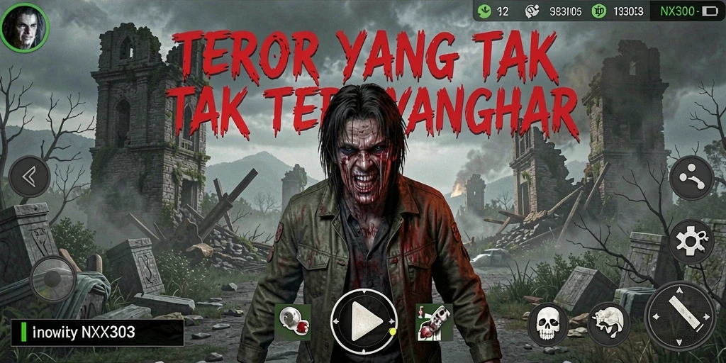 Screenshot gameplay NX303 menampilkan suasana mencekam di dunia horor.